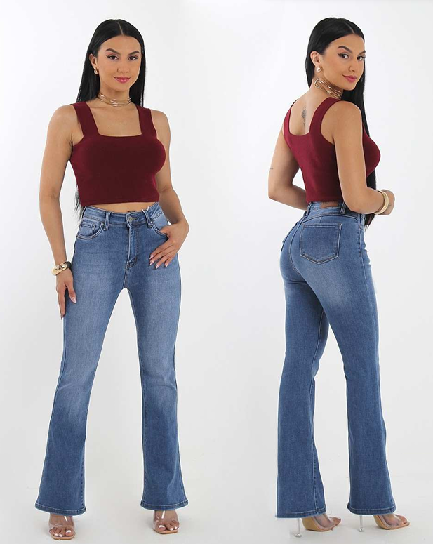 JEANS TIRO ALTO ACAMPANADO AZUL CLARO